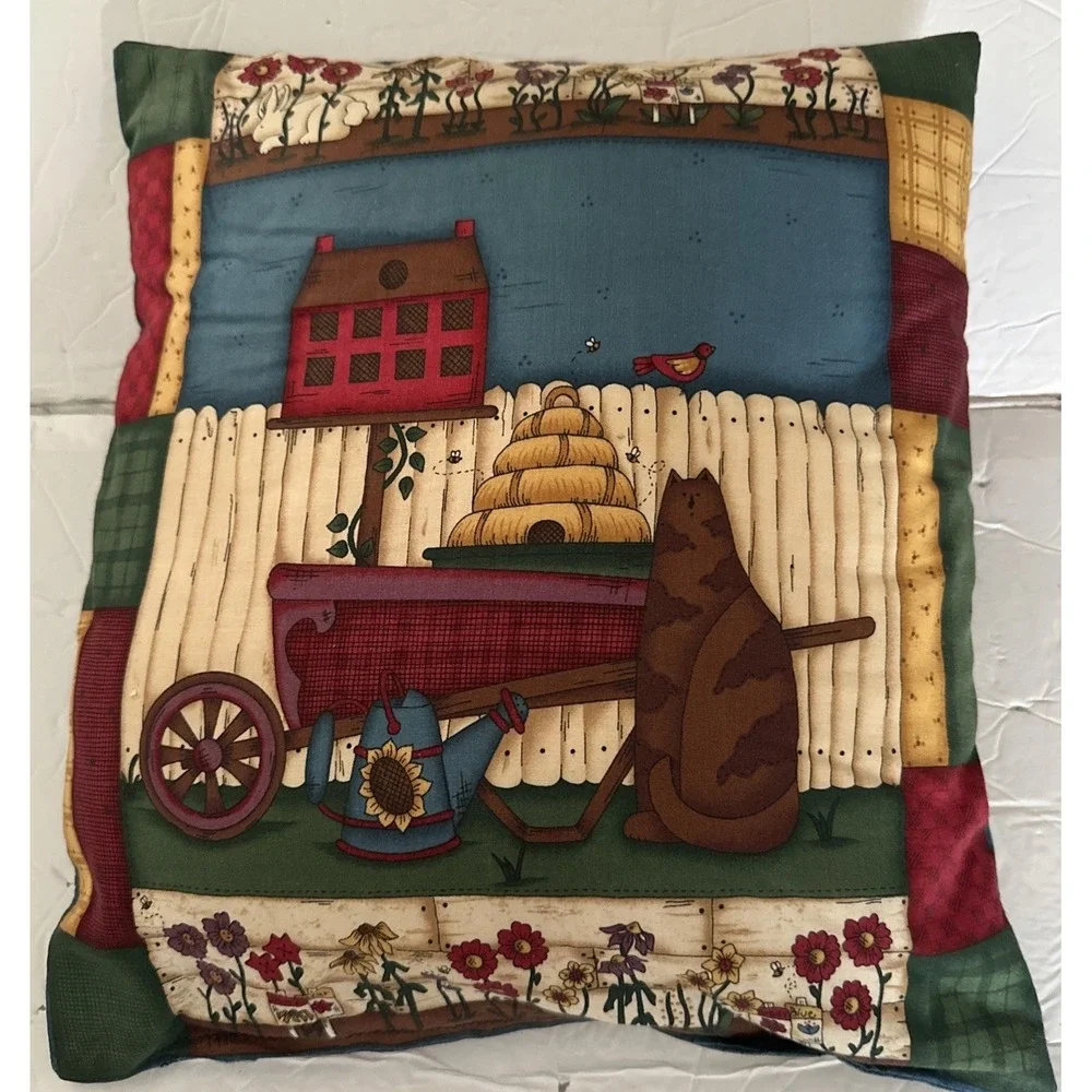 Vintage Handmade Throw Pillow Birdhouse Fat Cat Beehive Garden 13x15 Double Side